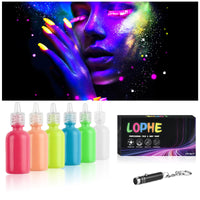 LOPHE UV Body Painting Set, 6 Pcs 30ML Ultraviolet Glow Face Paint with UV Lamp, UV Glowing Neon Liquid Face Painting, Non Toxic Face Body Paint for Carnival Halloween Cosplay Art Paint, Light Color