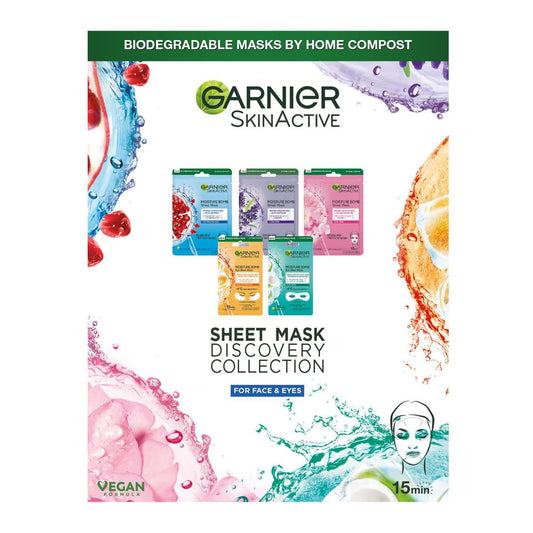 Garnier Sheet Mask Discovery Collection, Face & Eye Sheet Mask set for Dehydrated, Dull and Tired Skin, with glycerin and hyaluronic acid -  Pack of 5 Sheet Masks