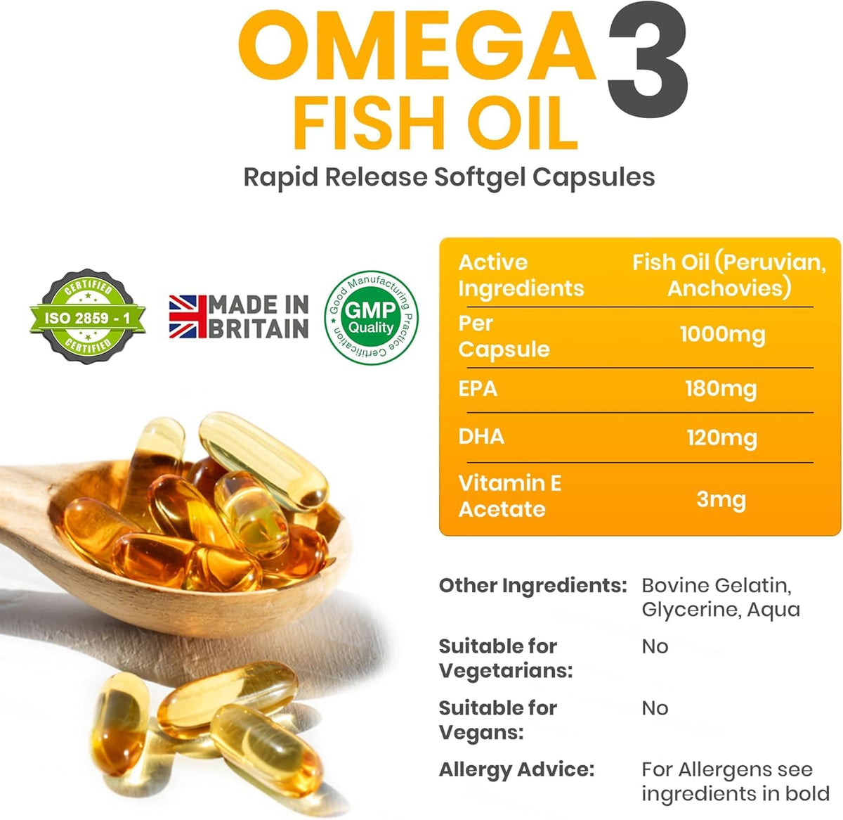 Red Label Health Omega 3 Fish Oil 1000mg, 30 Softgels (1 Month Supply), Double Strength 180mg EPA and 120mg DHA, Supports Eye, Heart & Brain Health for Men & Women - UK Made