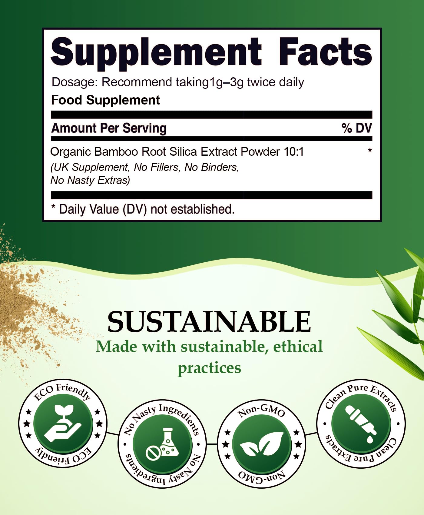 vegishake Organic Silica Extract 10:1| High Strength Naturally Sourced Silica Supplement | for Skin Health and Mobility | Vegan Capsules | from Bamboo Extract | UK Made (100G)