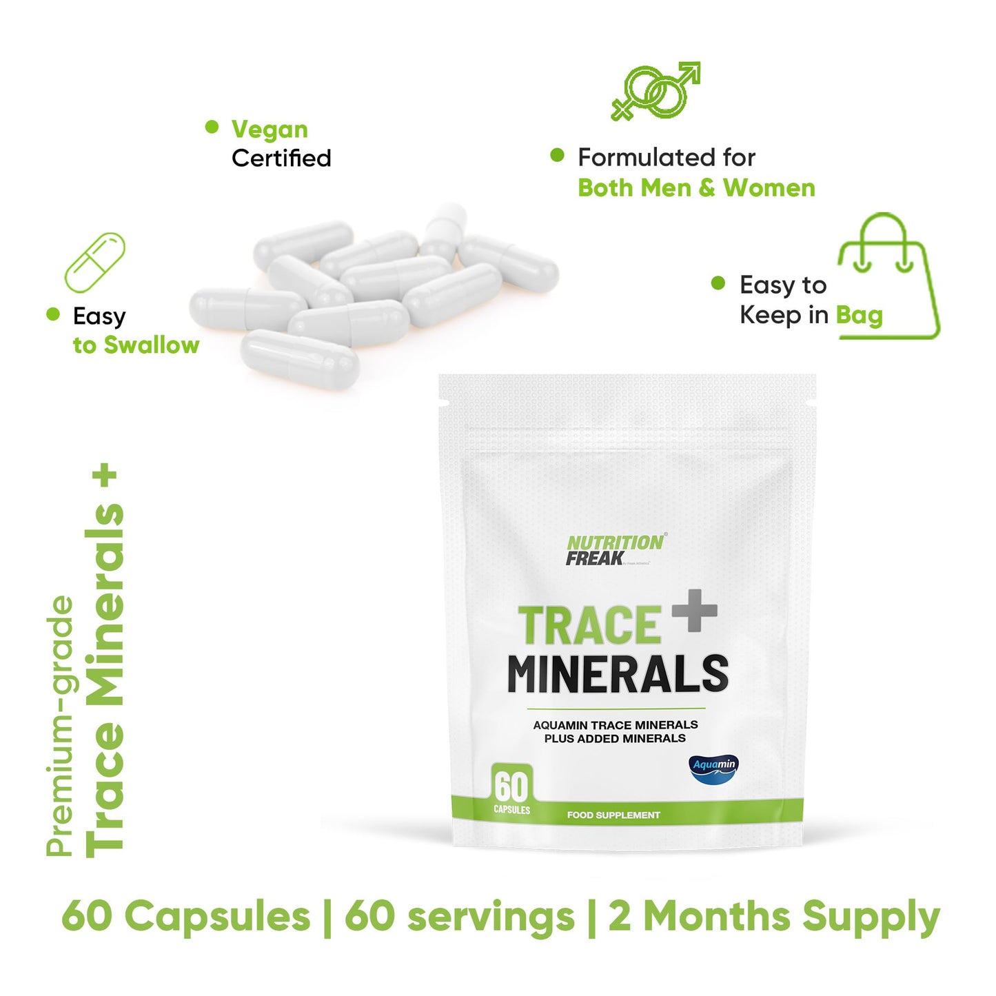 Freak Athletics Nutrition Freak Trace Minerals + 60 Capsules - Aquamin Trace Minerals a 70+ Nutrient-Dense Multimineral Complex Sourced from Marine Plant - UK Made