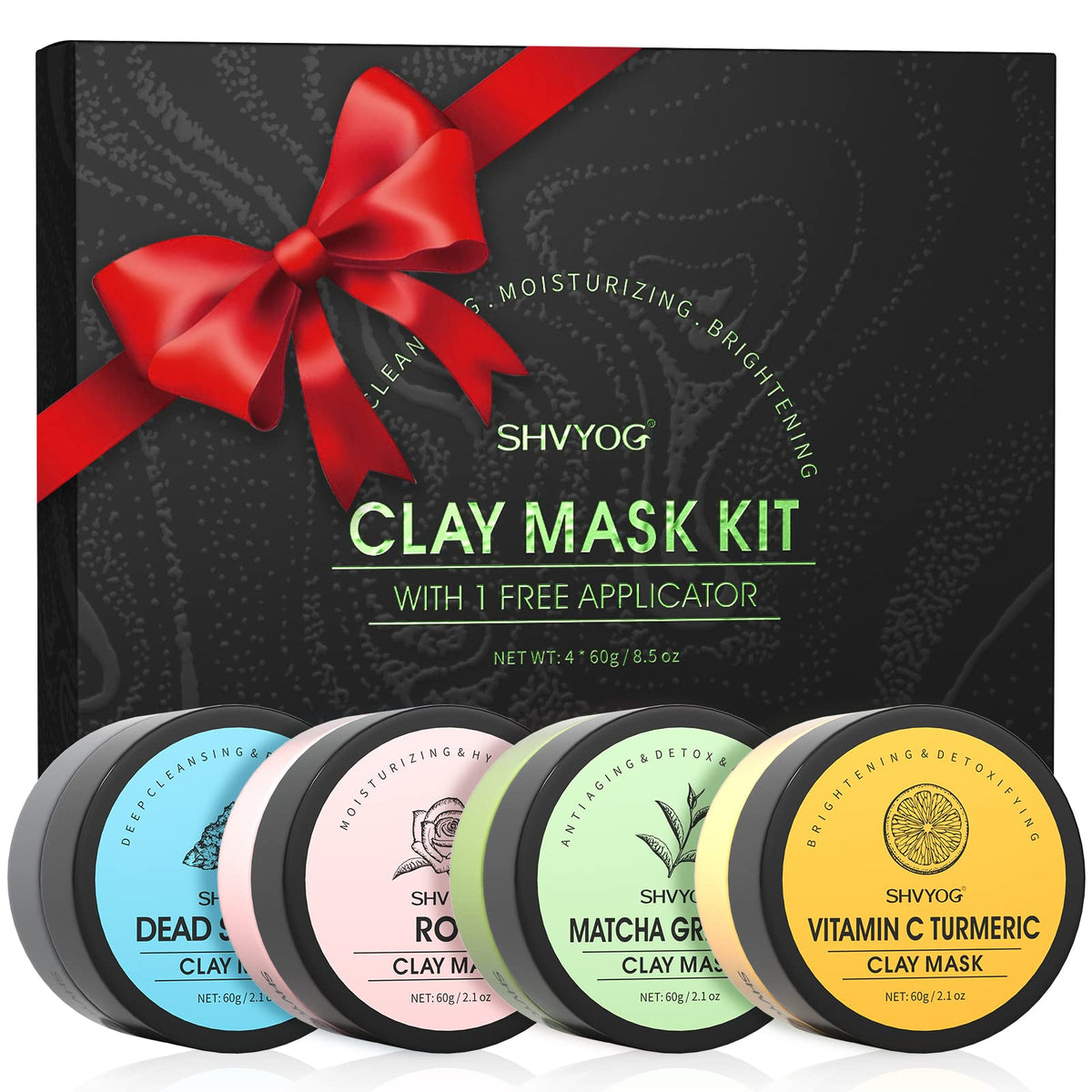 SHVYOG Clay Face Mask Kit, Vitamin C Clay Mask with Turmeric, Dead Sea Mud, Green Tea, Rose, Skin Care Facial Mask for Deep Cleansing, Controlling Oil and Refining Pores & Mask Brush(240g in Total)