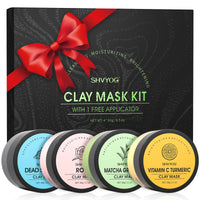 SHVYOG Clay Face Mask Kit, Vitamin C Clay Mask with Turmeric, Dead Sea Mud, Green Tea, Rose, Skin Care Facial Mask for Deep Cleansing, Controlling Oil and Refining Pores & Mask Brush(240g in Total)