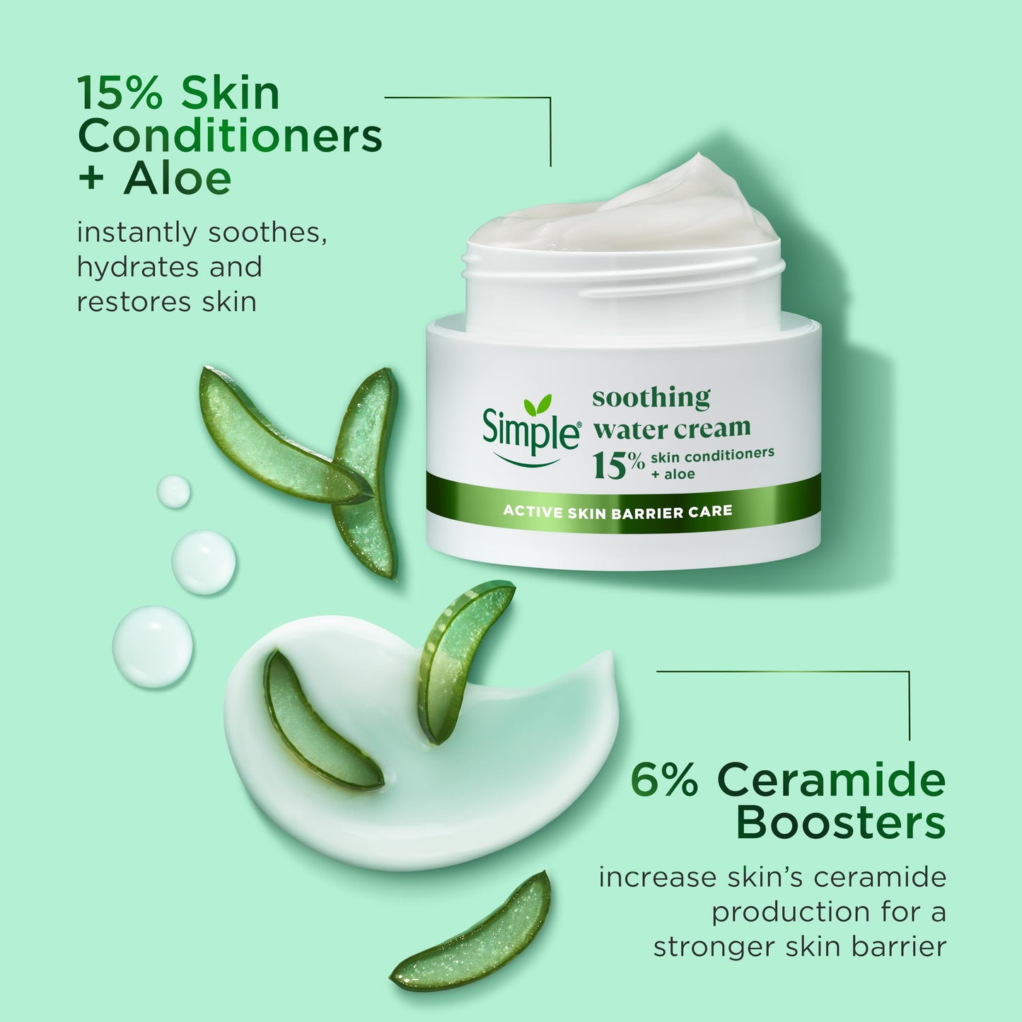 Simple Soothing Water Face Cream facial moisturiser with 15% skin conditioners, aloe and ceramide boosters for a healthy skin barrier calms and hydrates dry, sensitive skin 50 ml