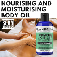 Turmeric & Ginger Massage Oil - 100% Natural Therapy for Lymphatic Drainage, Nerve, Muscle & Joint Relief - Ginger Lemongrass Warming & Relaxing Formula | Made in The UK | Sera Organics (100ml)
