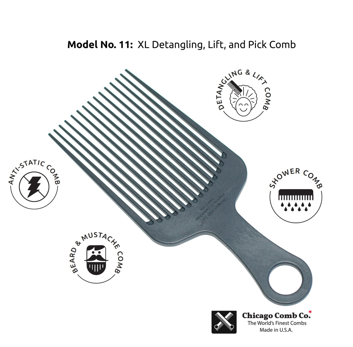 Chicago Comb Model 11 Carbon Fiber, XL Hair Pick, Anti-Static, 7.5 Inches (19 cm), Made in USA, Graphite black