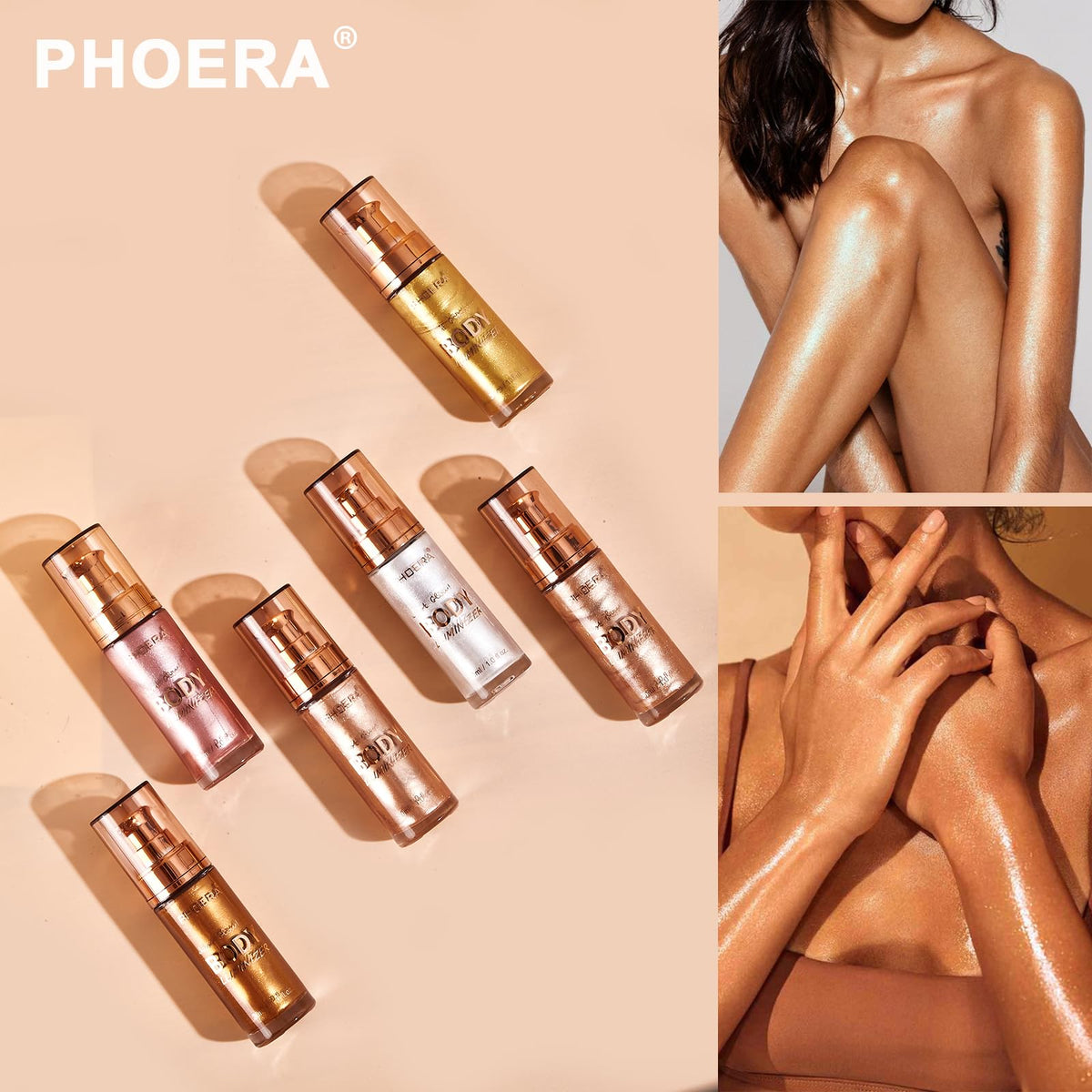 Hilareco PHOERA Body Shimmer Oil, Bronzer Glow Highlighter Luminizer Illuminator with Makeup Brush, Self Tanning Lotion, 1oz/Jars (101 Rose Gold)