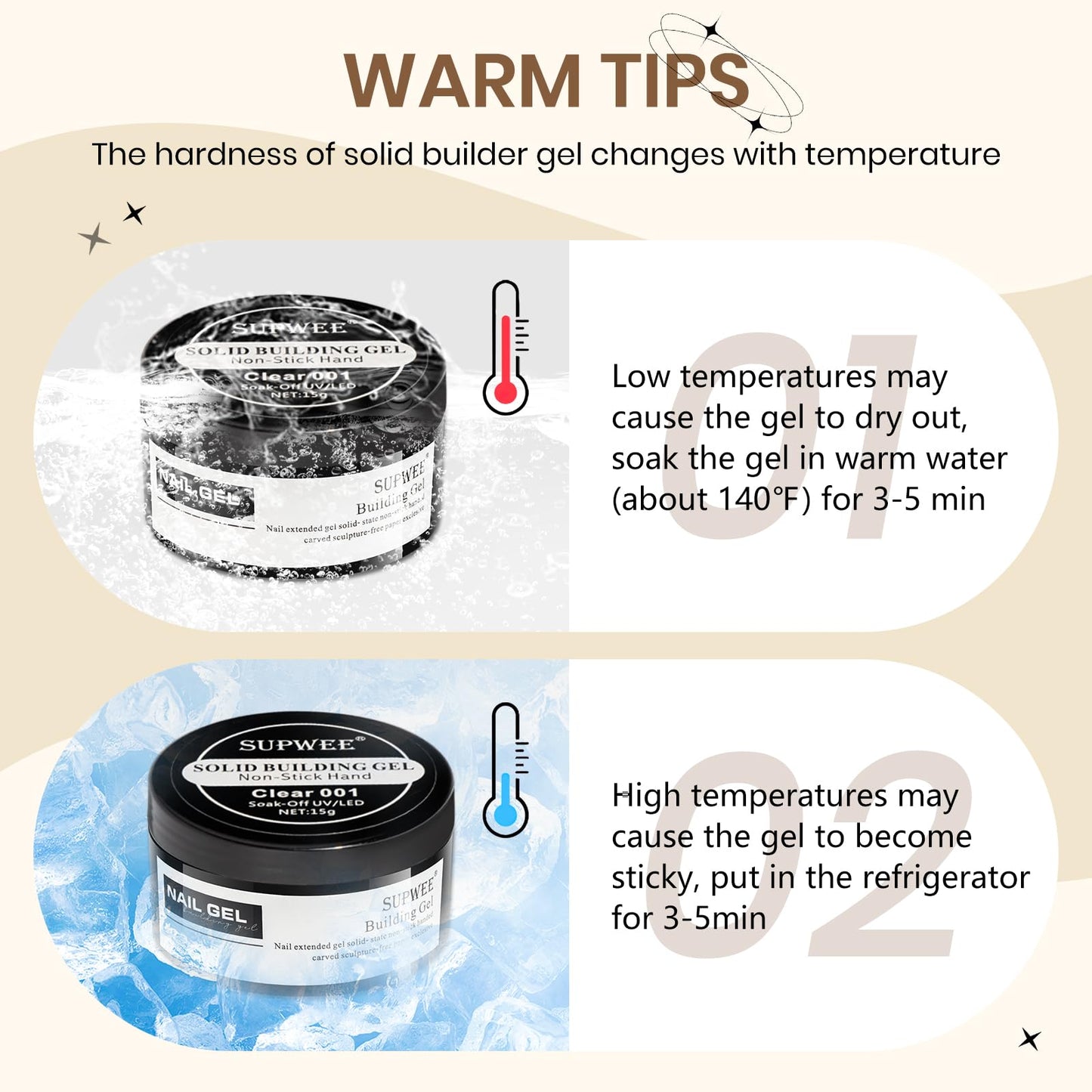 SUPWEE Solid Builder Gel Set for Nails, 2PCS Clear 3D Sculpture Gel Non-Stick Hand Nail Extension for Carving Strengthen Hard Soak Off Salon Home DIY