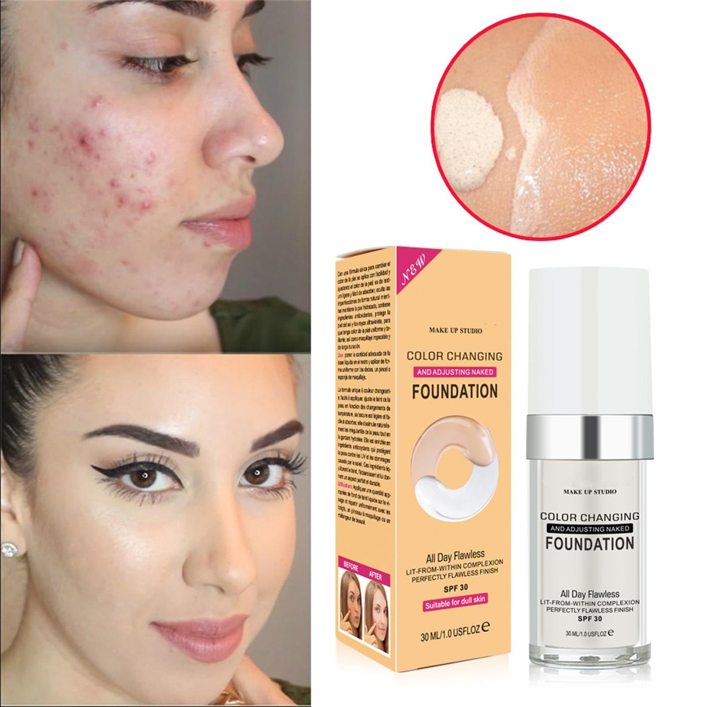 SHEBEEDO Color Changing Foundation,Seamless Tone-Matching,Long-Lasting Hydration Nourishment, Liquid Makeup Base Nude Face Cover Concealer Cream, Warm Skin Tone Moisturizing Cover, 30 mL(2Pcs)