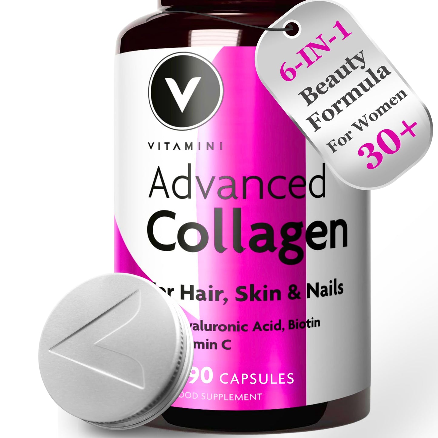 V Vitamini Fast-Absorbing Collagen Supplements for Women - High Strength Marine Collagen with Hyaluronic Acid, Biotin, Vitamin C & E - Supports Radiant Skin, Hair & Nails - UK Made - 90 Capsules