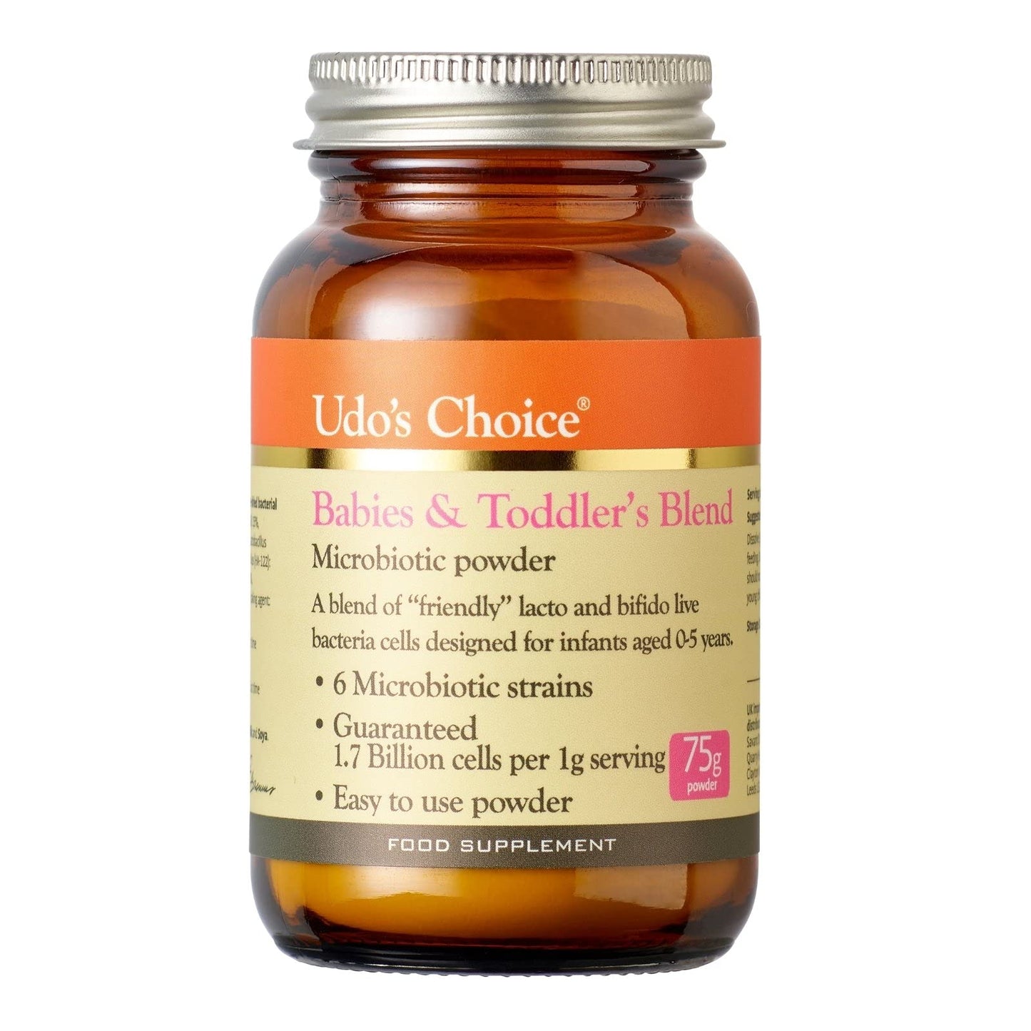 Udo's Choice Babies & Toddlers Blend Probiotics - 6 Microbiotic Strains - Lacto & Bifido Bacteria - Easy to Use Powder - Infants 0-5yrs - 75g Powder