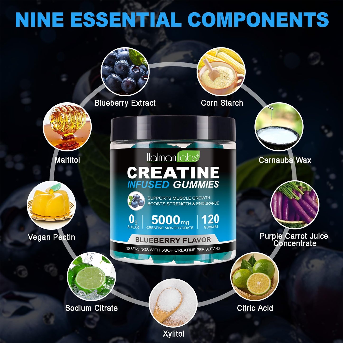 XAYGHE Creatine Gummies - Max 5000mg Creatine Monohydrate Gummies for Men and Women, 120 Chewable Vegan Gummies, Blueberry Flavour- 2 Months Supply, Suger Free