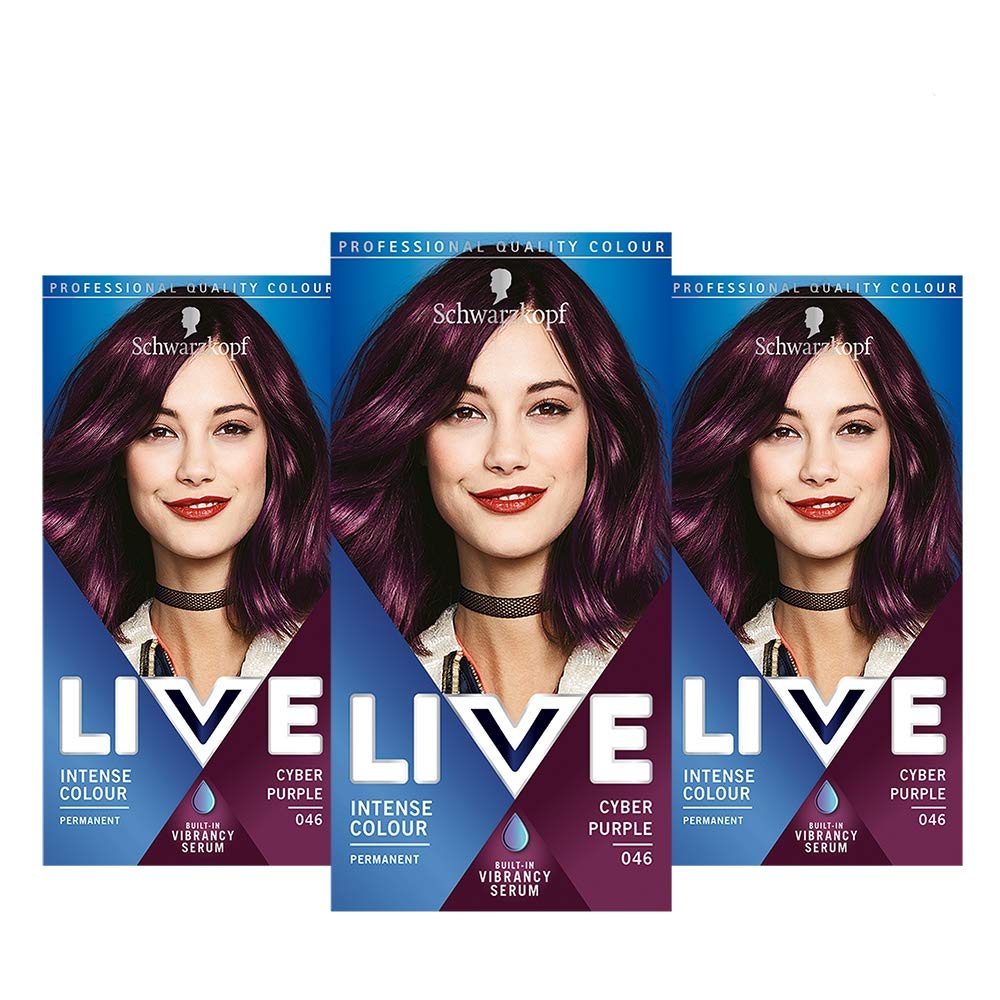 LIVE Schwarzkopf Live Intense Colour Purple Hair Dye, 3-Pack Permanent Colour with Vibrancy Serum, 046 Cyber Purple