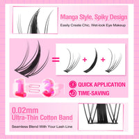 Mavphnee Manga Lash Clusters Kit Spiky Cluster Eyelash Extensions Kit Anime Lashes Individuals Dramatic Lash Extensions Kit DIY at Home 8-16MM Cluster Lashes Kit with Bond and Seal Waterproof and Tweezers