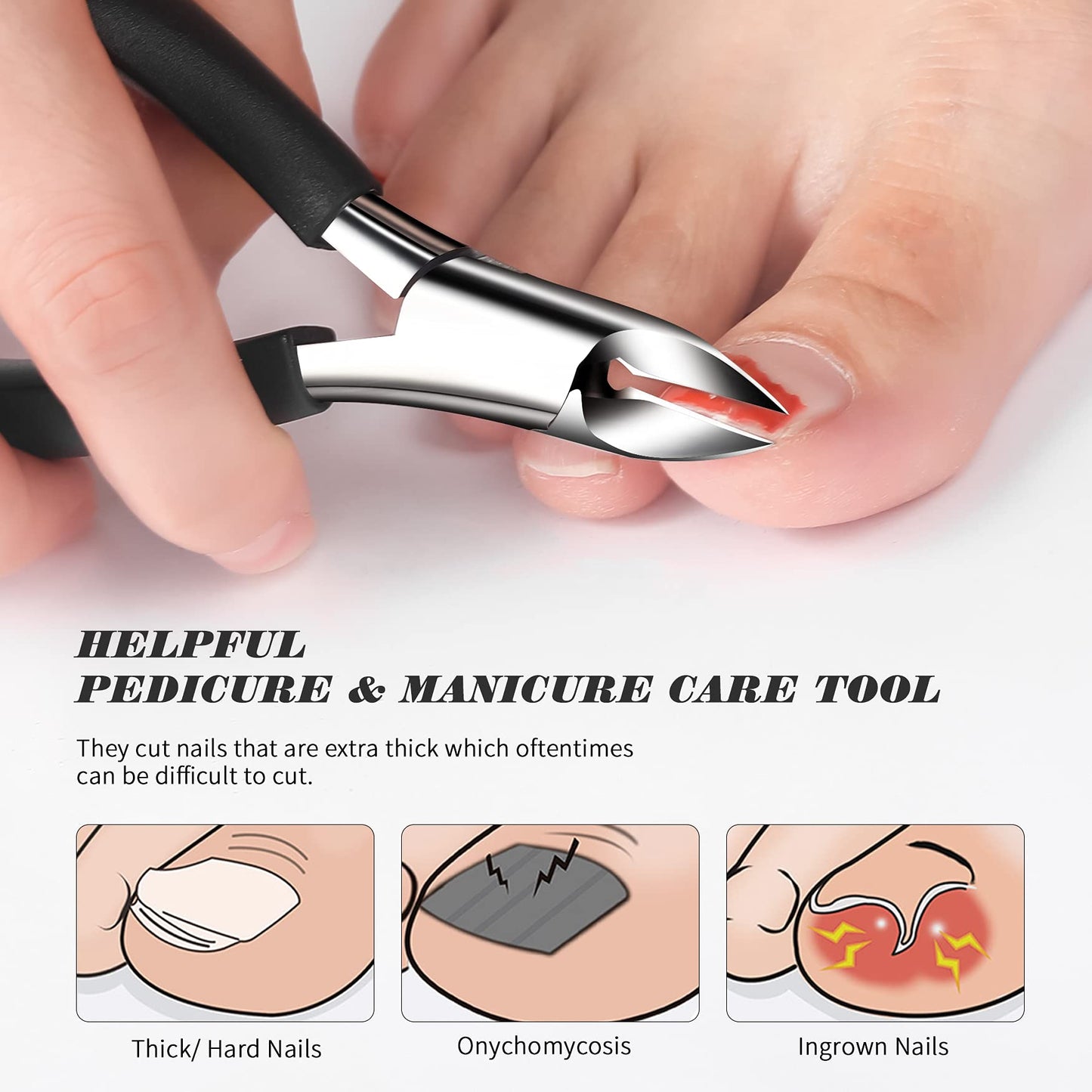 FVION Nail Clippers for Thick Nails or Ingrown Toenails, Thick Nail Clippers for Elderly, Precision Long Handled Toenail Clippers for Women & Men - Black