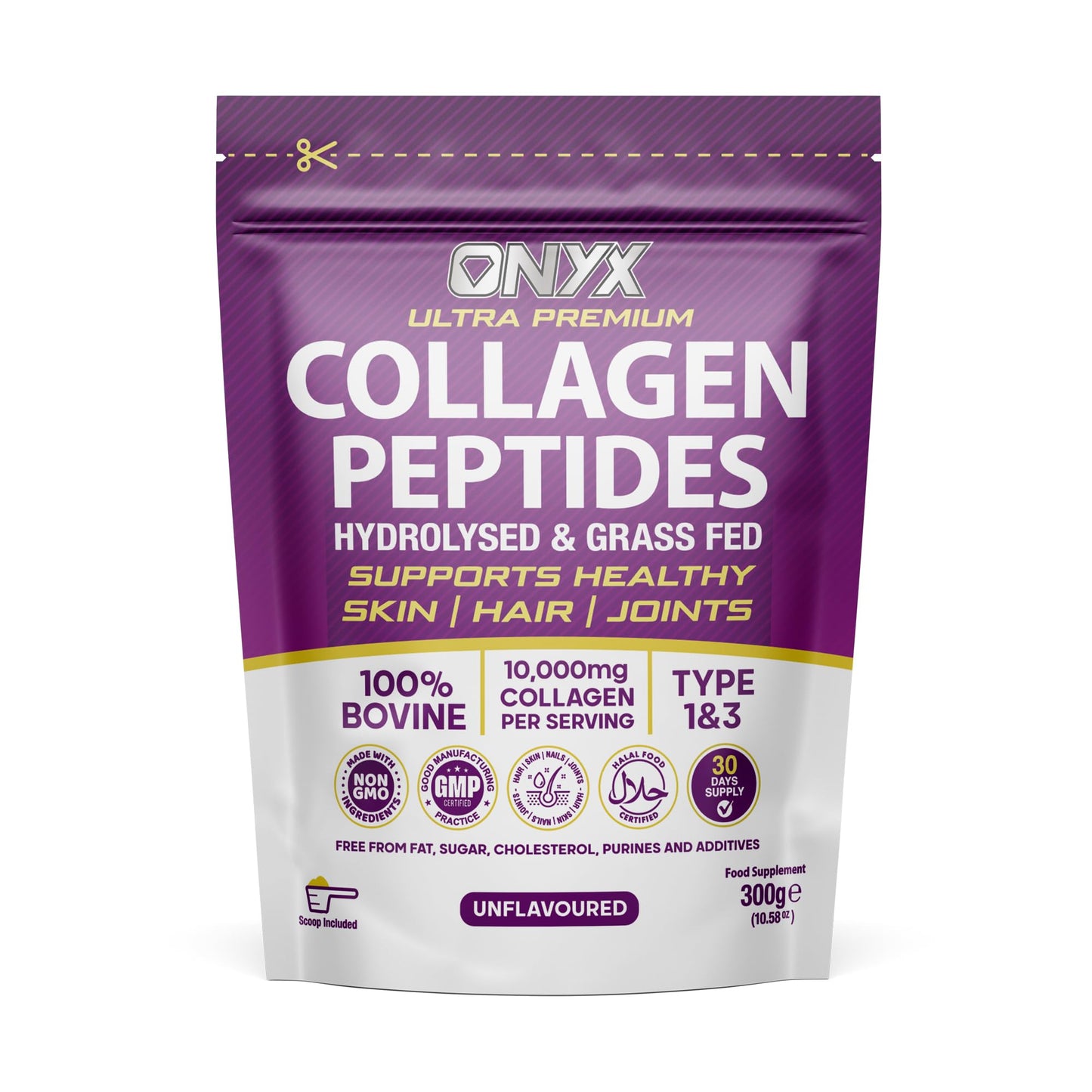 ONYX INGREDIENTS 101 Premium Collagen Powder 300g Hydrolysed Bovine Collagen Peptides Powder - Halal Certified - Healthy Skin, Hair & Joints - Collagen Supplements for Women & Men (30 Days Serving 300g)
