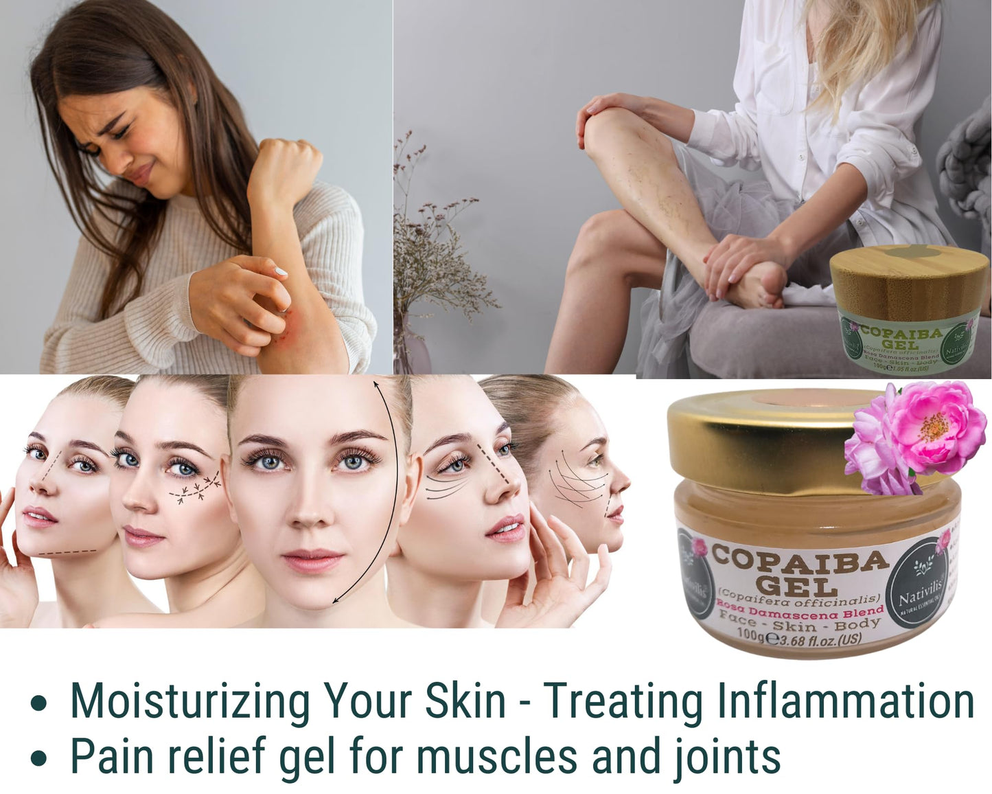 Nativilis Natural Essential Oils Nativilis Copaiba Gel Copaifera officinalis Rosa damascena Blend Multipurpose Natural Gel Face Skin Body Moisturizing Antiaging Melasma Inflammation Relieve Sore Muscles Joint Pains Circulation