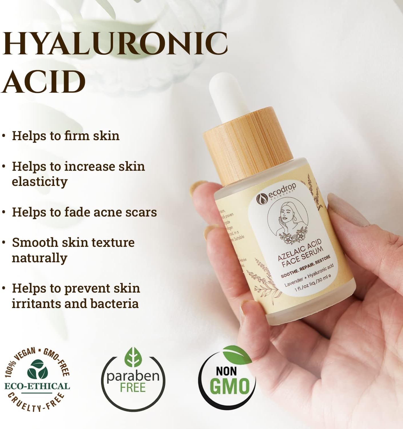 ecodrop essential oils Ecodrop Azelaic Acid & Hyaluronic Acid Serum - 30ml | Daily Gentle Anti-Ageing Skincare for Face Reduces Acne, Redness, Dark Spot Blemishes & Brightens All Skin Types | Vegan & Cruelty-Free