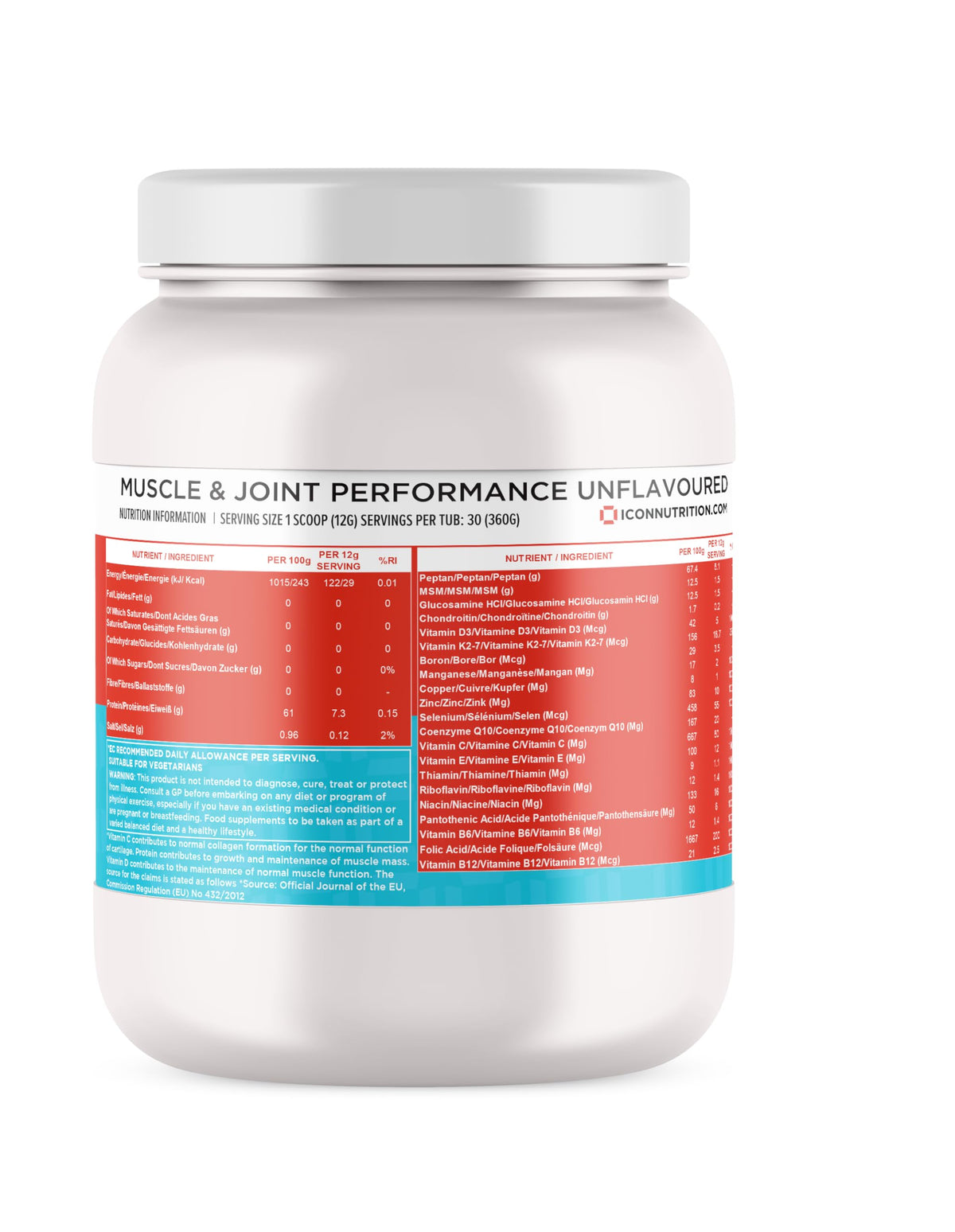 ICON Nutrition Muscle & Joint Performance Powder - Unflavoured, Mix with Your Favourite Drink, Supports Joint Health, Muscle Recovery & Bone Strength – 30 Servings, 360g