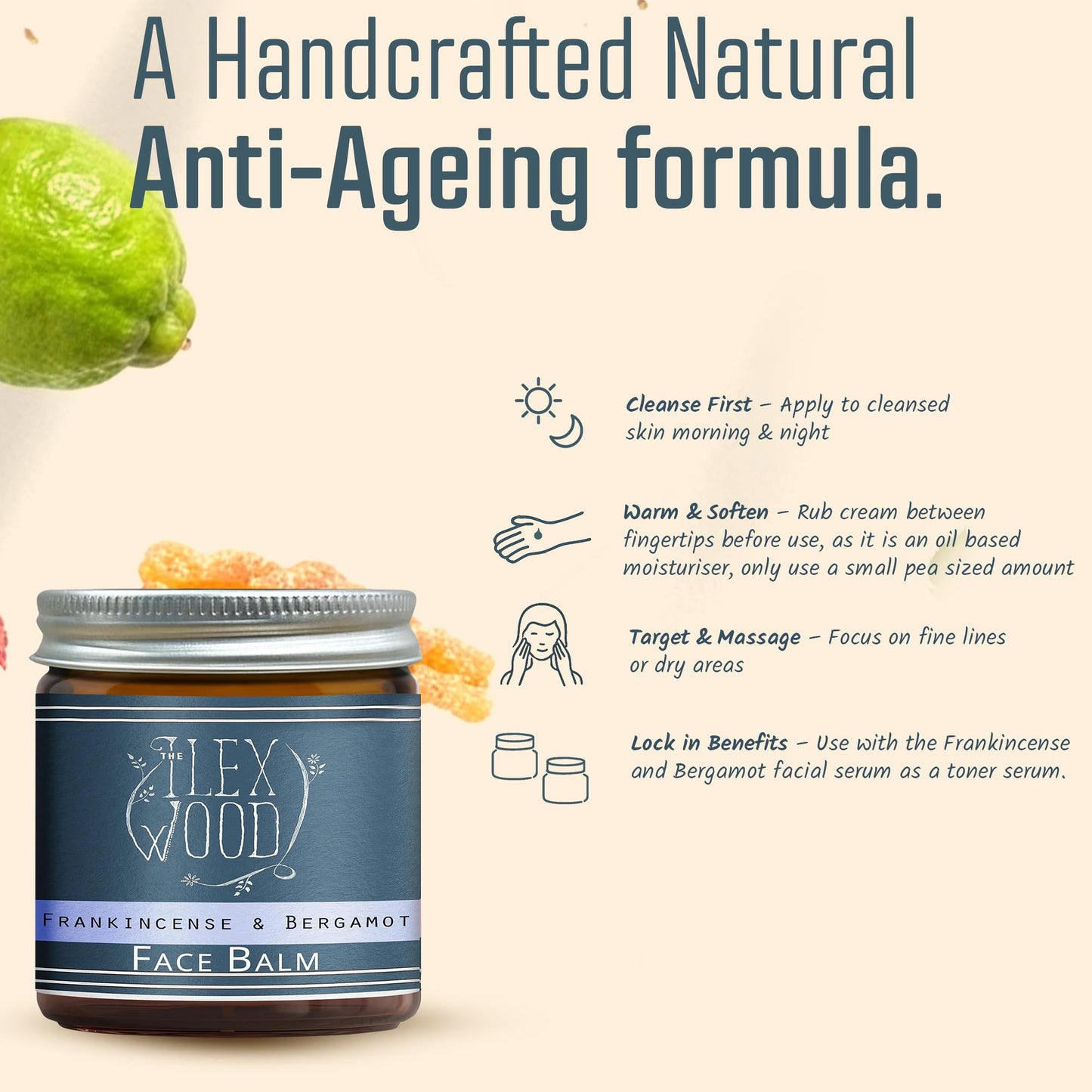 The Ilex Wood - Frankincense and Bergamot Face Balm - 100% Natural, Handmade, Vegan, Moisturising, Anti Ageing, Wrinkle and Line Reducing Ingredients, Cruelty & Plastic Free, Palm Oil Free. 60ml