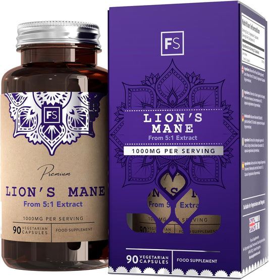 Focus FS Lions Mane | High Strength Lion's Mane Supplement - 90 Lionsmane Capsules 1000mg per Serving | Lionsmane Mushroom Complex | Non-GMO, Gluten & Allergen Free | Made in The UK
