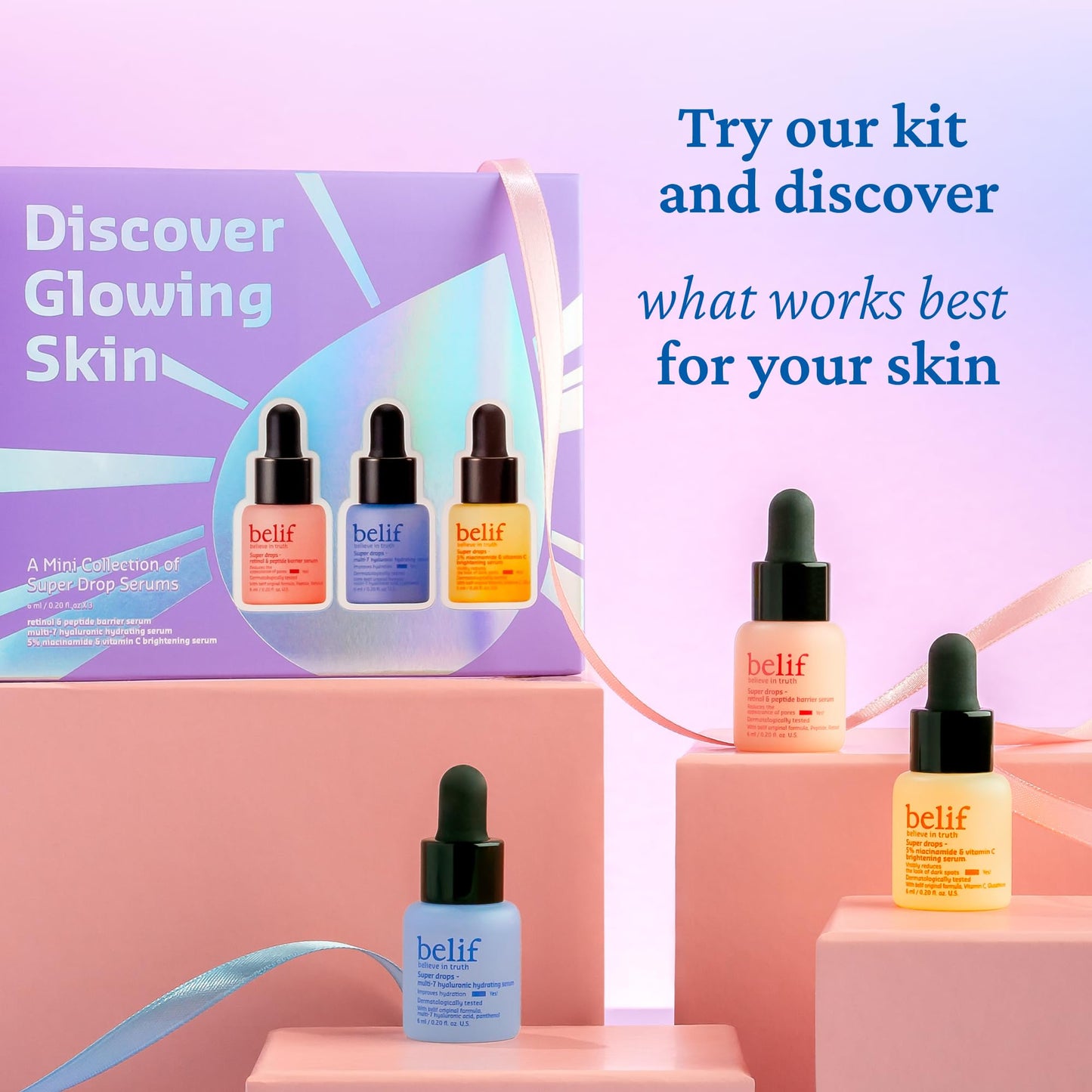 belif Super drops - discover glowing skin mini kit | Travel size, gift set, hyaluronic hydrating serum, peptide firming serum, vitamin C brightening serum, Korean skincare, Korean beauty (6ml x 3)