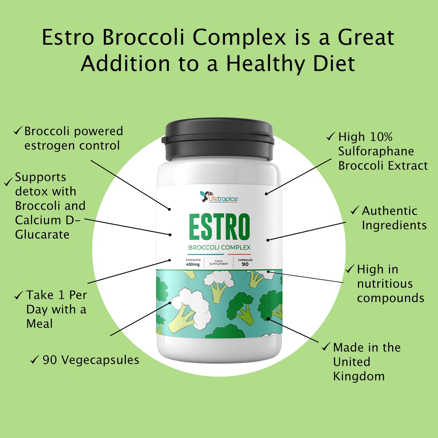 Lifetropics Estro Broccoli Complex | Broccoli Powered Estrogen Blocker | with Broccoli, Calcium D Glucarate | Natural Food Supplement | 90 Vegecapsules