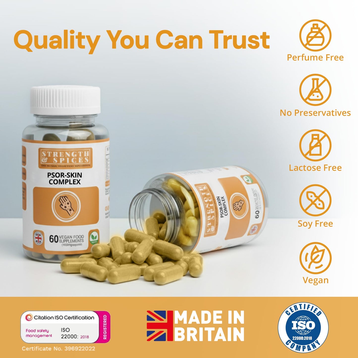 STRENGTH & SPICES100% Natural Vegan Food Supplements Strength & Spices Psoriasis Relief Skin Care Supplements, Immune System Booster with 31 Powerful Ingredients and Amino Acids, Soothes Red, Flaky Skin, 1000 mg, 60 Vegan Capsules