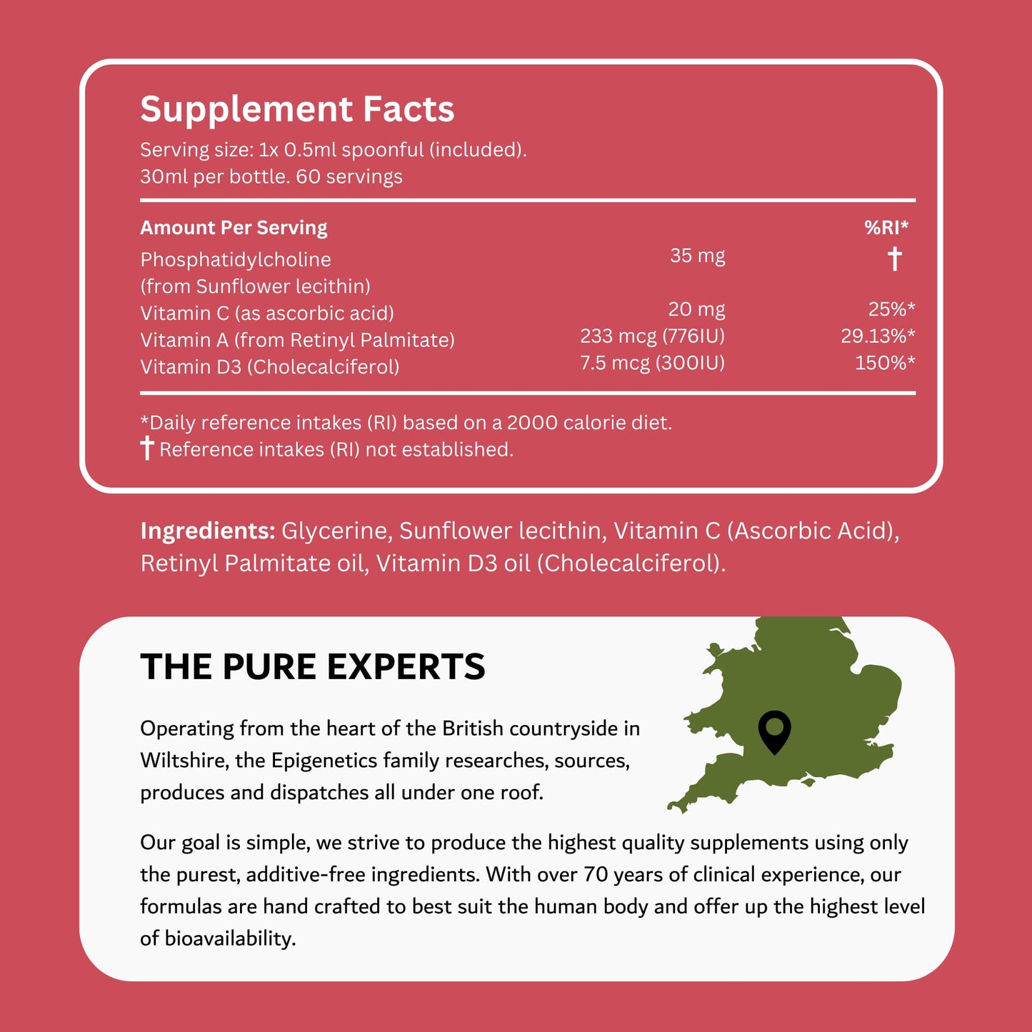 Epigenetics Kids Vitamins A, C & D for Children & Baby | Bones, Vision & Heart | Sugar Free Liposomal Liquid Multivitamin Supplement | 2 Month Supply | 30ml Bottle with Spoon. Vegetarian & UK Made