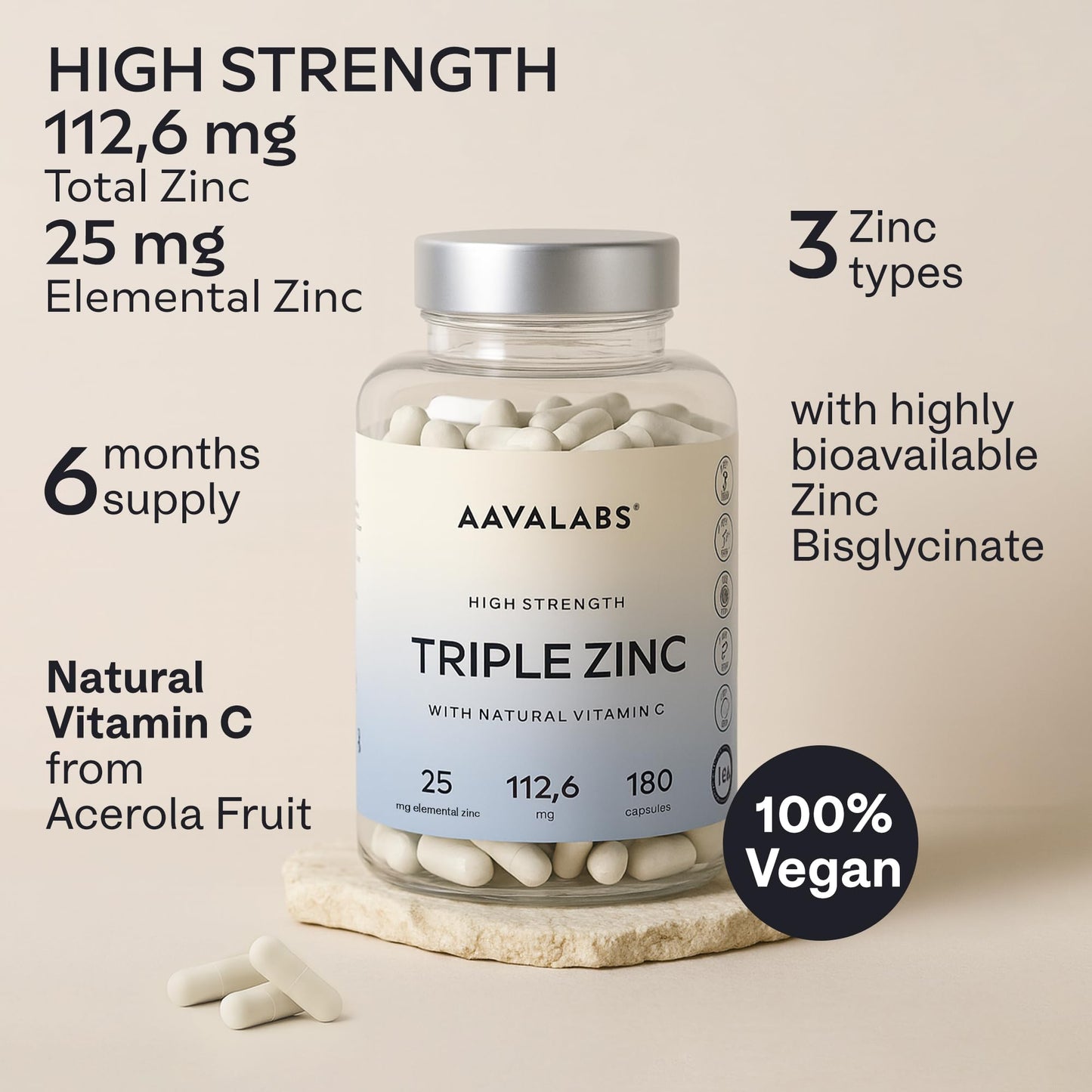 AAVALABS Triple Zinc Supplements for Men and Women - 25mg - with Natural Vitamin C - Zinc Picolinate, Bisglycinate and Monomethionine - 180 Capsules - 6 Months Supply