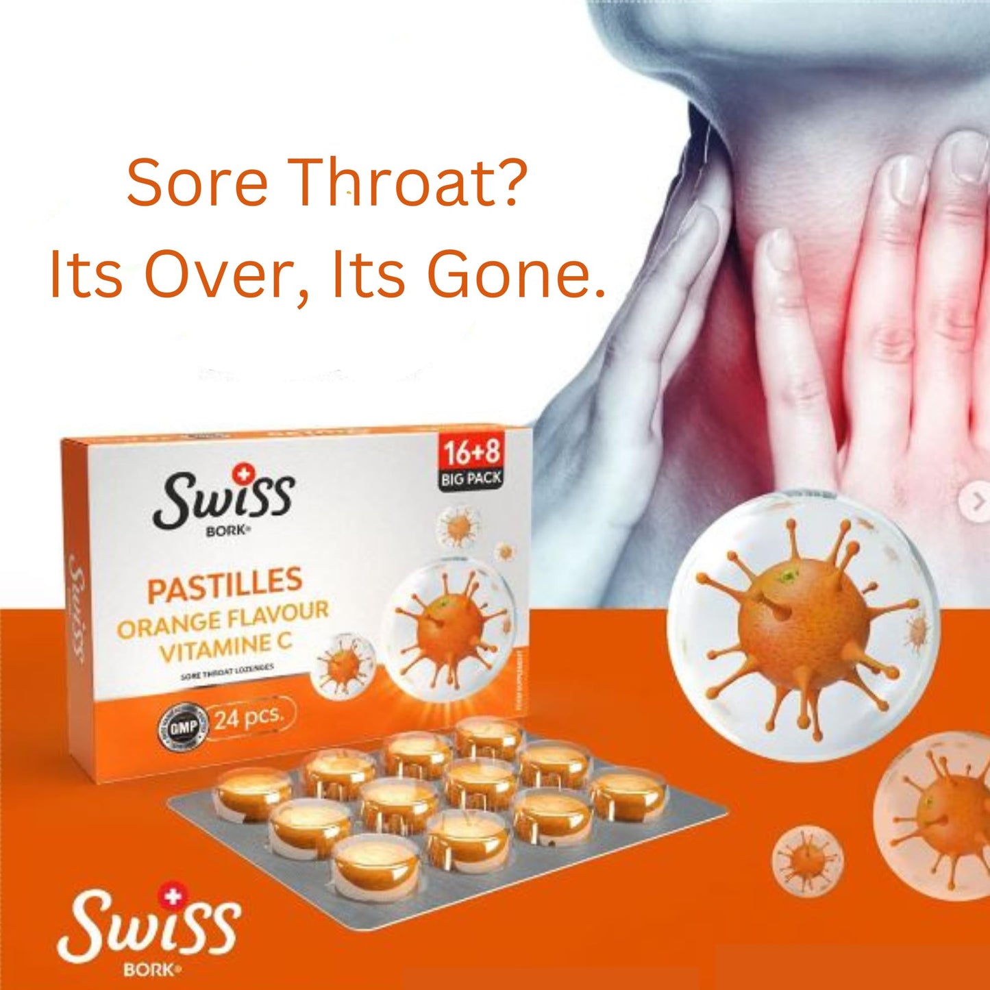 Swiss Bork SWISS BORK Orange & Vitamin C Pastilles — Highly Effective to Provide Sore Throat Relief — Ideal Pastille to Get Rid of Throat Inflammation, Dry and Phlegmy Cough (16 PCS)