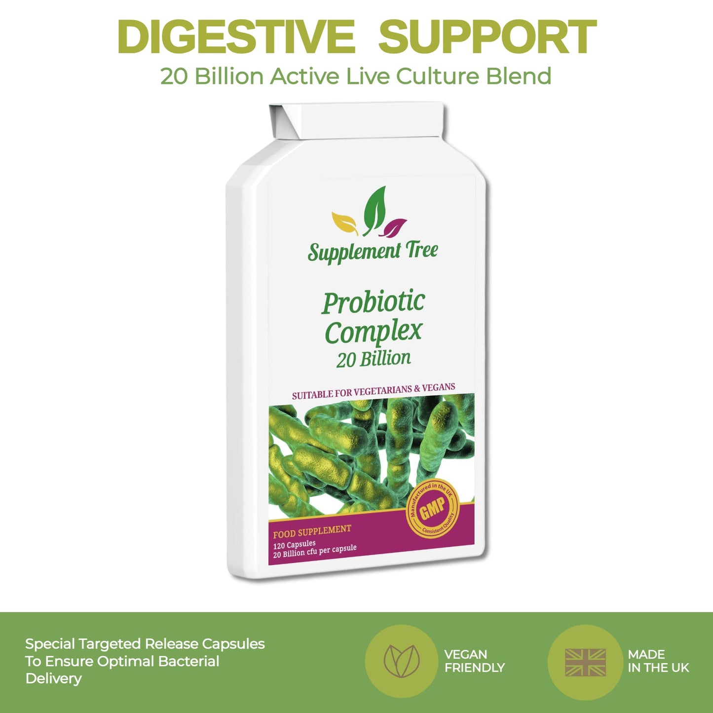 Supplement Tree Probiotics Complex 20 Billion CFU Per Vegan Capsule | 120 Targeted Release Capsules | Vegan Probiotic Supplement