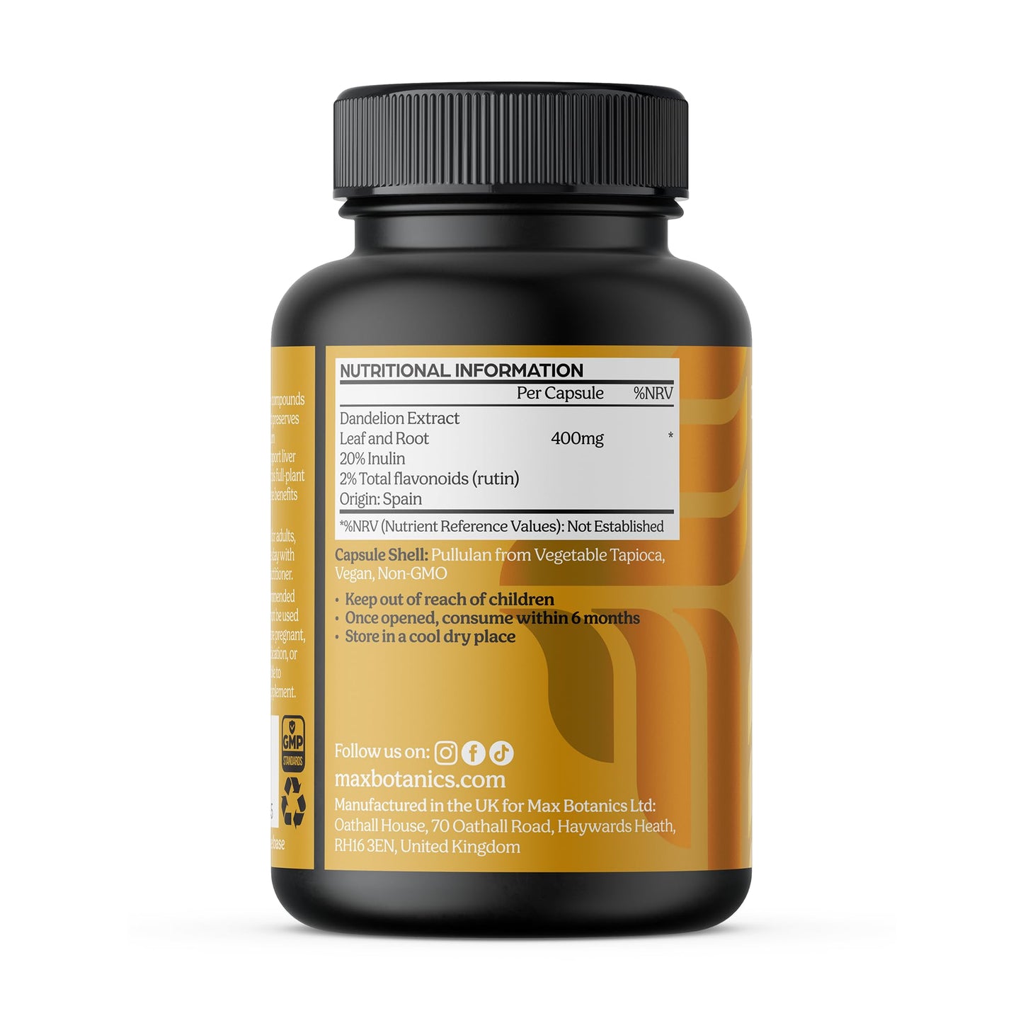 Max Botanics Dandelion Root Leaf Extract and Full Plant Profile Liver Detox Digestion & Vitality with Inulin and Flavonoids Vegan No Fillers or Binders UK Made 90 Capsules