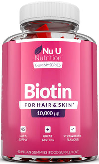Biotin Hair Gummies 10,000mcg - 90 Vegan Gummies - 45 Day Supply - Strawberry Flavour - Supports Normal Skin & Hair Growth - Chewable Hair Vitamins