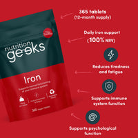 Nutrition Geeks Iron Tablets High Strength 14mg - 365 Tablets, 12 Months Supply - Vegan Iron Supplements for Women and Men - Ferrous Fumarate, Reduces Tiredness and Fatigue - UK Made Vitamin