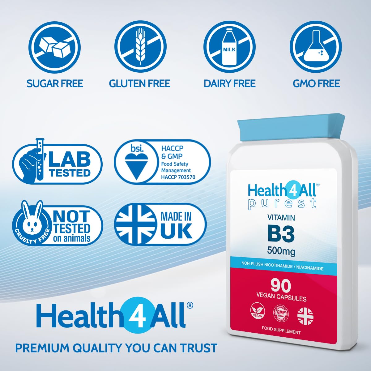 Health4All Vitamin B3 Niacin as Nicotinamide (Niacinamide) 500mg 90 Capsules, Purest, No Additives, Vegan, Gluten Free No-Flush Niacin VitB3 Capsules | Made in UK