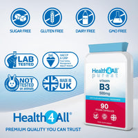 Health4All Vitamin B3 Niacin as Nicotinamide (Niacinamide) 500mg 90 Capsules, Purest, No Additives, Vegan, Gluten Free No-Flush Niacin VitB3 Capsules | Made in UK
