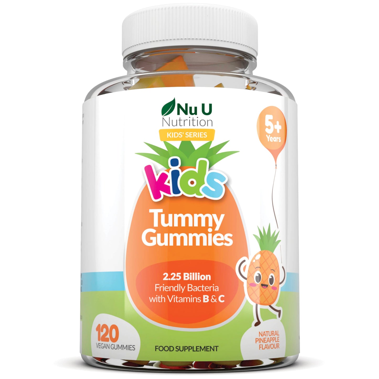 Kids Tummy Gummies (Age 5+) - Probiotics for Children - 120 Vegan Gummies - Natural Pineapple Flavour - with Lactobacillus and Bifidobacterium & Vitamin B3, B5,B6 & C - Nu U Nutrition