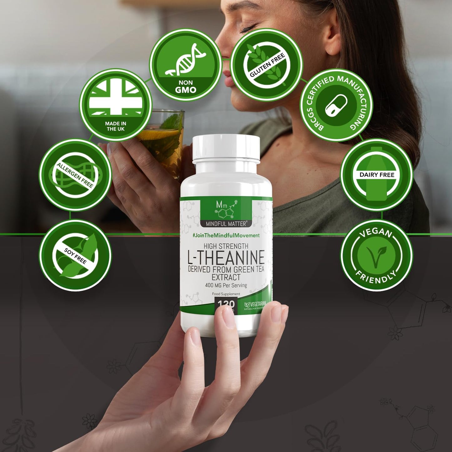 Mindful Matter MM L Theanine | 120 L-Theanine Capsules from Green Tea - High Strength 1000mg Green Tea Extract Providing 400mg L'theanine per Serving | L Theanine Supplement | Non-GMO Gluten Free | Made in UK