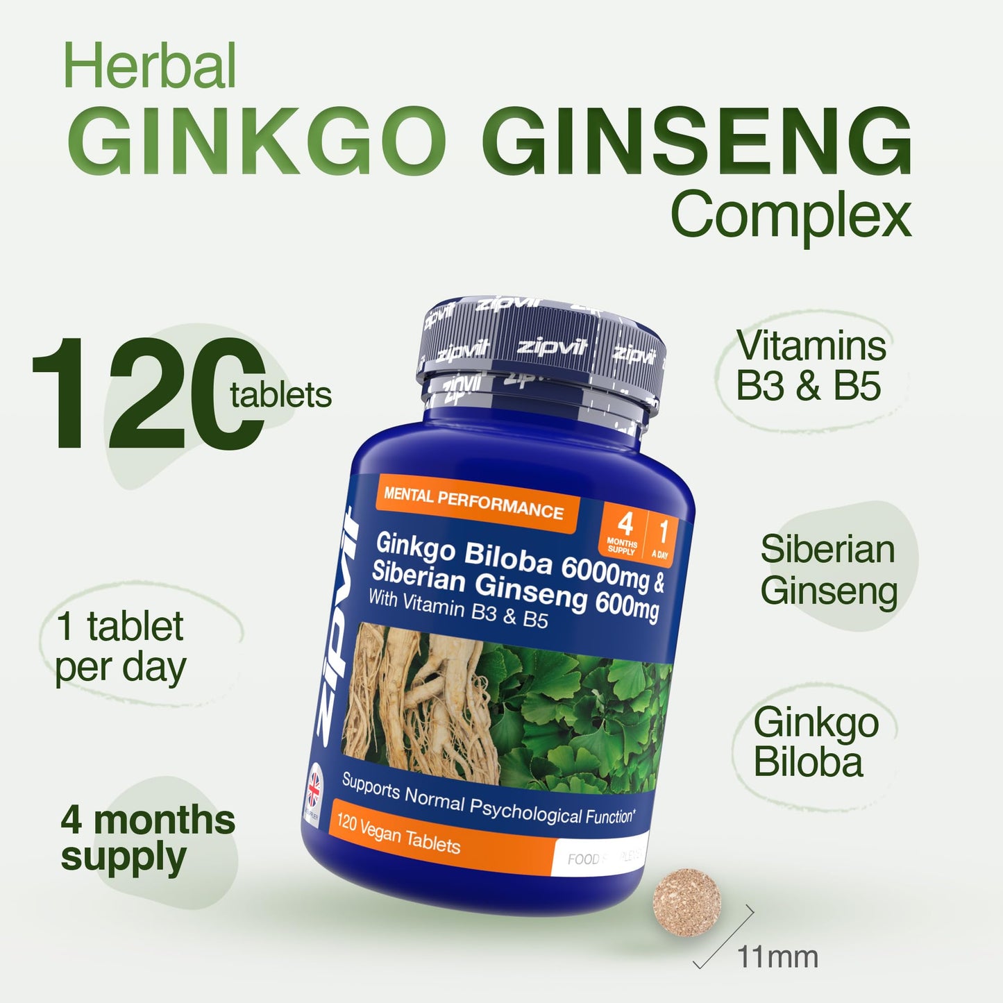 Zipvit Ginkgo Biloba 6000mg & Siberian Ginseng 600mg with Vitamin B3 & B5, Supports Energy & Mental Performance. 4 Months Supply, 120 Vegan Tablets, 1 a Day.