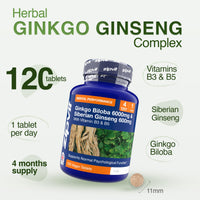 Zipvit Ginkgo Biloba 6000mg & Siberian Ginseng 600mg with Vitamin B3 & B5, Supports Energy & Mental Performance. 4 Months Supply, 120 Vegan Tablets, 1 a Day.