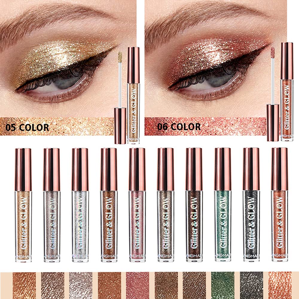 HQDA 10 Colors Liquid Eyeshadow Shimmer Glitter Metallic Eyeshadow Smokey Eye Looks Waterproof Long Lasting Quick Drying Eye Shadow Make up Kits (10 Colors)