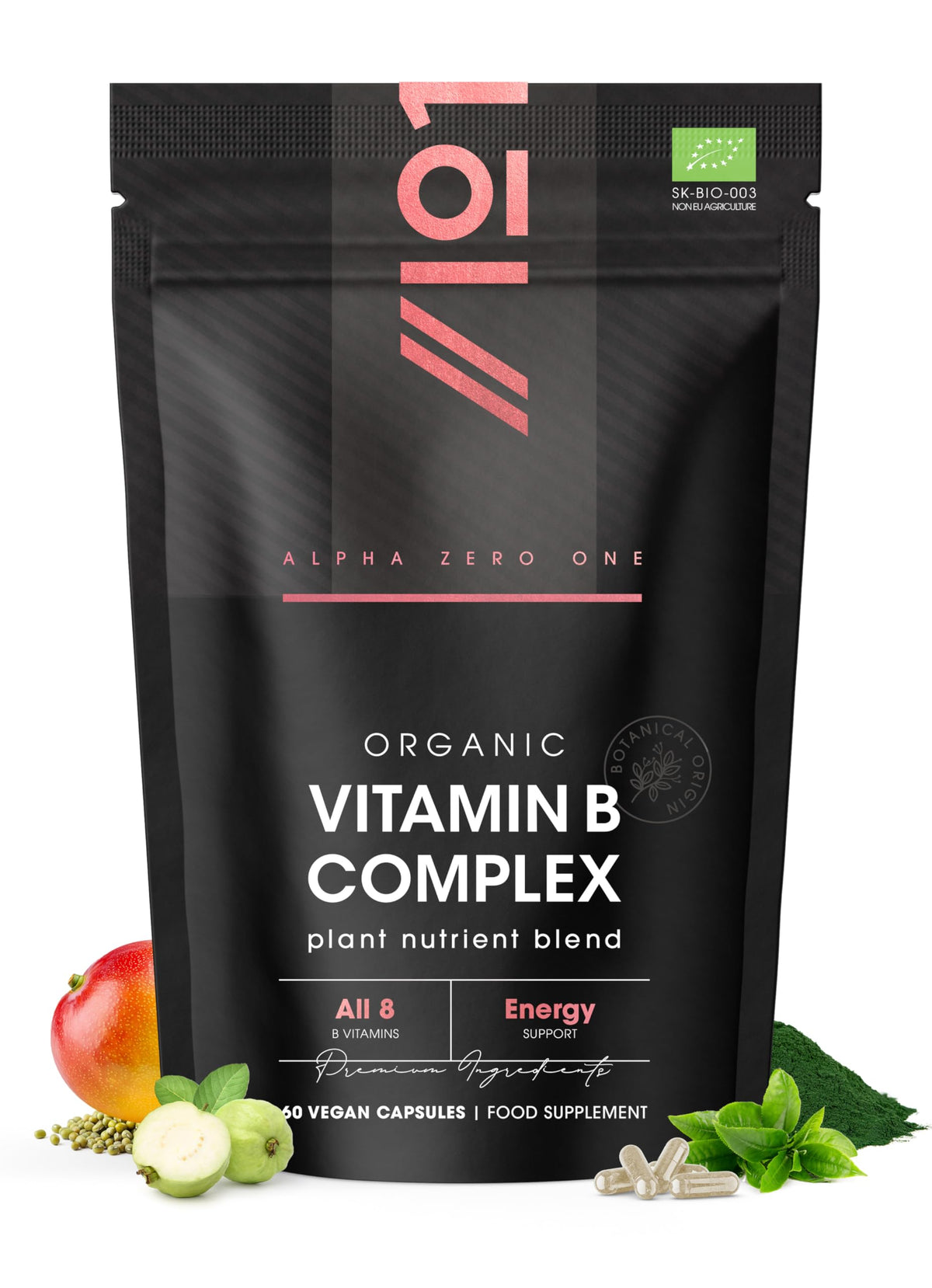 ALPHA01 Organic Vitamin B Complex – 100% Plant Based Blend – 60 Vegan Capsules – All 8 B Vitamins B1 B2 B3 B5 B6 B7 B9 B12 – Energy Support – by Alpha01