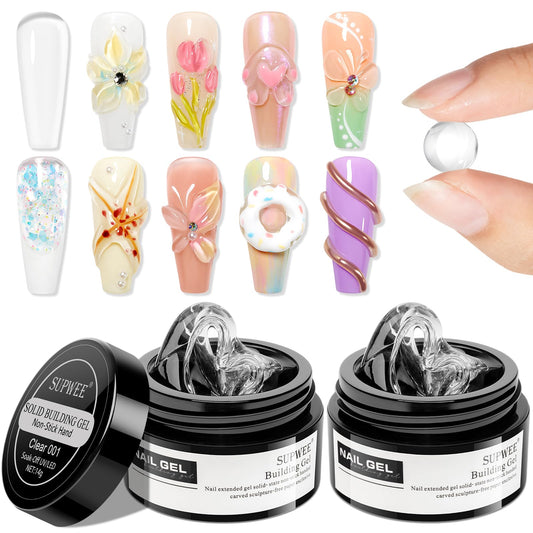 SUPWEE Solid Builder Gel Set for Nails, 2PCS Clear 3D Sculpture Gel Non-Stick Hand Nail Extension for Carving Strengthen Hard Soak Off Salon Home DIY