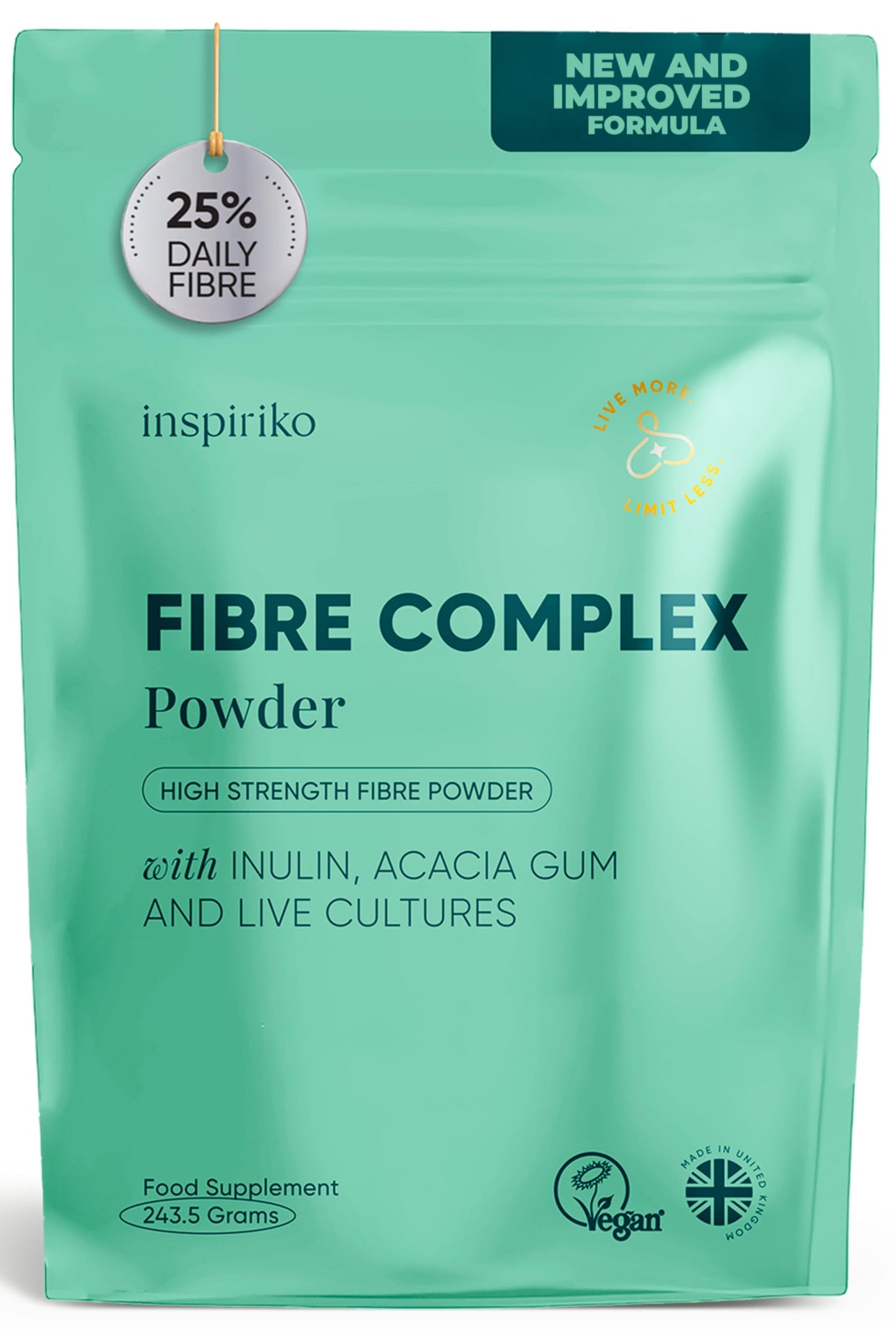 Inspiriko 15g Soluble Fibre Supplement - 50% NHS Daily Intake (2 Servings). 6-in-1 Fiber Supplement Powder with Inulin Prebiotic Fibre Powder, FOS, Acacia & Probiotics. Tasteless, Dissolves Easy, 30 Servings
