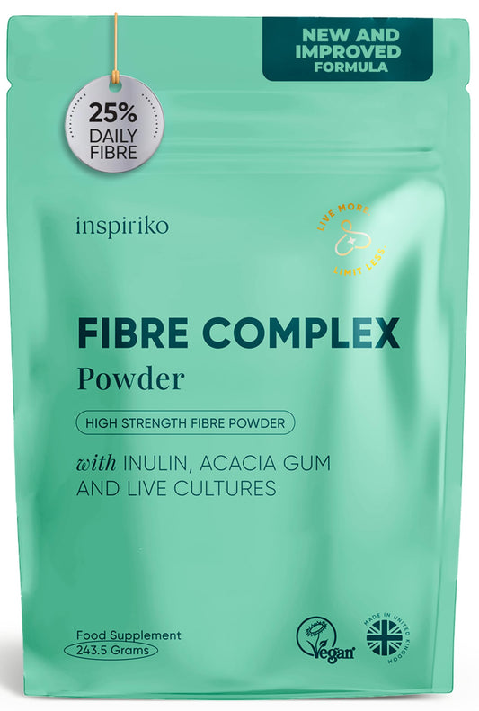 Inspiriko 15g Soluble Fibre Supplement - 50% NHS Daily Intake (2 Servings). 6-in-1 Fiber Supplement Powder with Inulin Prebiotic Fibre Powder, FOS, Acacia & Probiotics. Tasteless, Dissolves Easy, 30 Servings