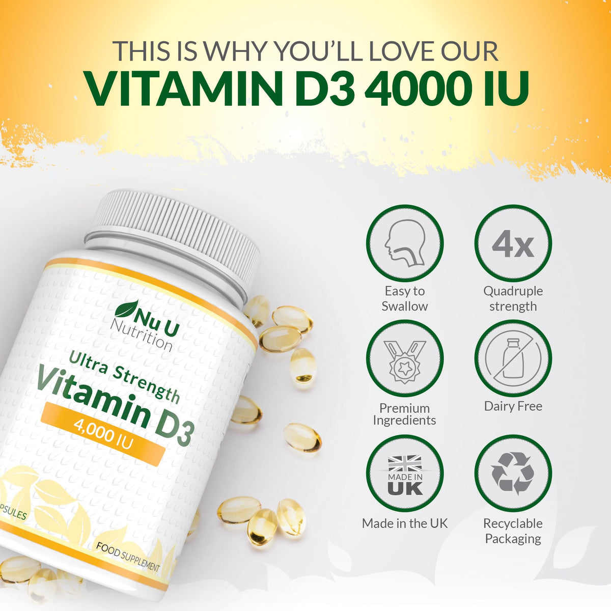 Nu U Nutrition - Vitamin D 4000IU - 365 Softgel Capsules not Tablets - 1 Year Supply - Quadruple Strength - Easy to Swallow - Cholecalciferol Form Vitamin D3 Supplement - Made in the UK