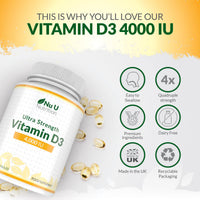 Nu U Nutrition - Vitamin D 4000IU - 365 Softgel Capsules not Tablets - 1 Year Supply - Quadruple Strength - Easy to Swallow - Cholecalciferol Form Vitamin D3 Supplement - Made in the UK