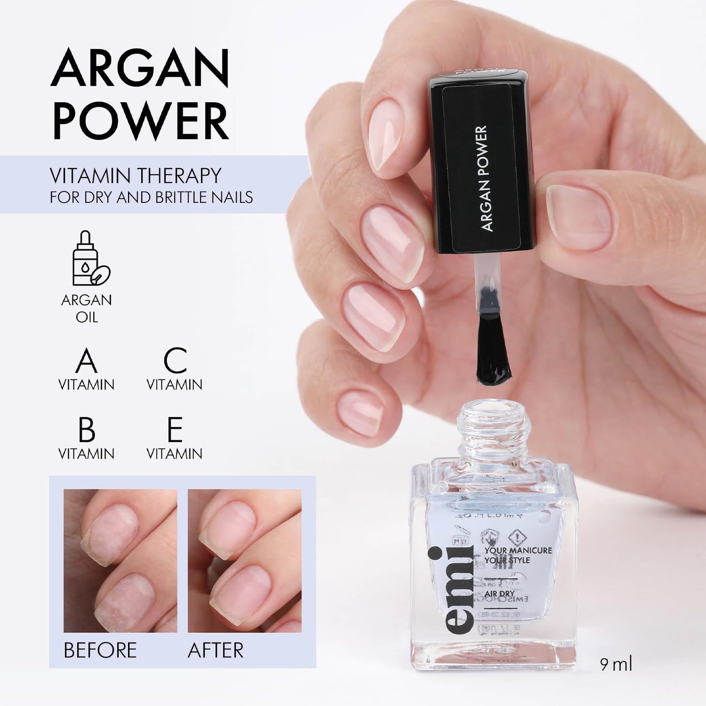 EMI Nail Care Power Trio for strong, healthy, and nourished nails vitamin therapy Argan Power A, E, and F Vitamin Complex Keratin Serum protective shield Emi Nail Therapy System
