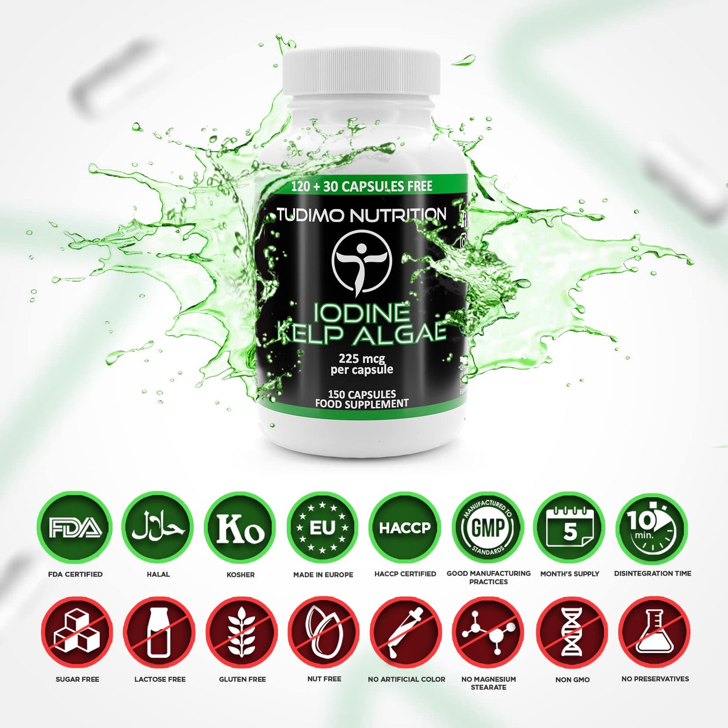 TUDIMO Iodine Sea Kelp Capsules - 225mcg of Kelp Algae Extract - 150 pcs (5 Month Supply) of Rapidly Disintegrating Capsules, Each with 225 mcg of Premium Quality & Pure Iodine SeaKelp Powder